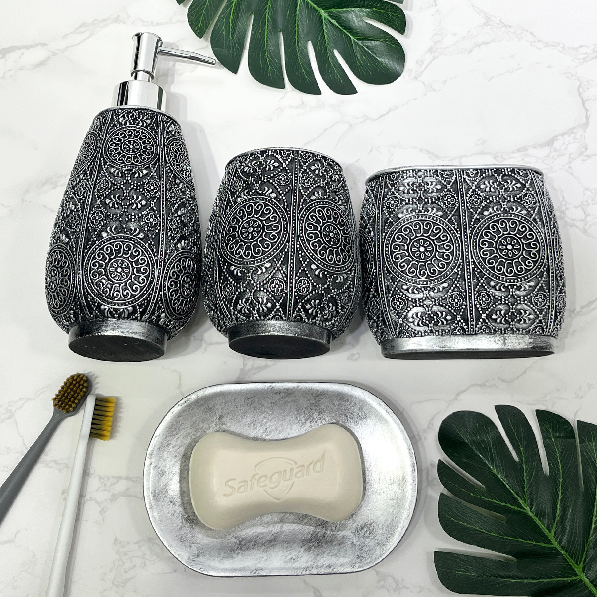 Baño nórdico, lavado de cuatro piezas, baño bohemio pintado, baño, resina, decoración de baño de hotel