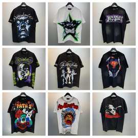 地狱跨境外贸美式潮牌之星洗水做旧字母宽松青年短袖街头T恤男款