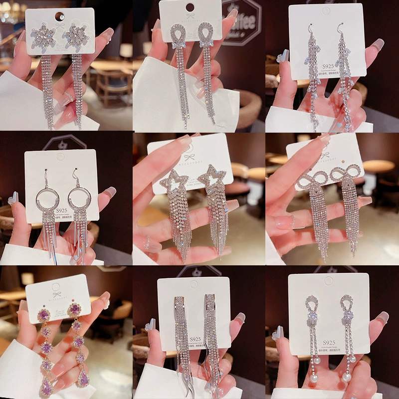 Серьги из серебра 925 пробы, Tassel из циркония, длинная легкая подвеска