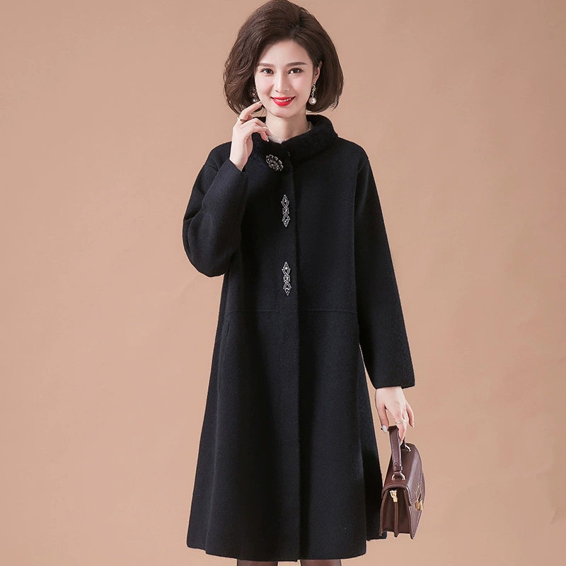 Двухстороннее кашемировое пальто для полных мам, осенне-зимнее пальто средней длины, шерстяное пальто большого размера с вертикальным воротником