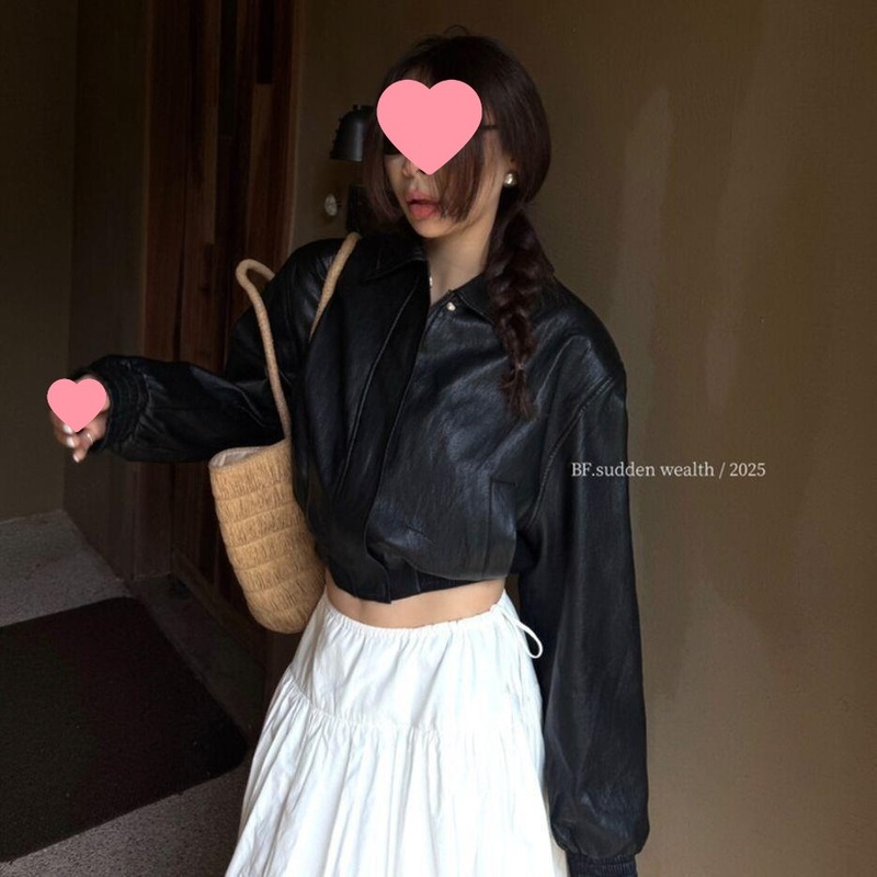 网红同款洋气时髦显白桔黄色皮衣外套女秋季韩版宽松显瘦收腰夹克|undefined