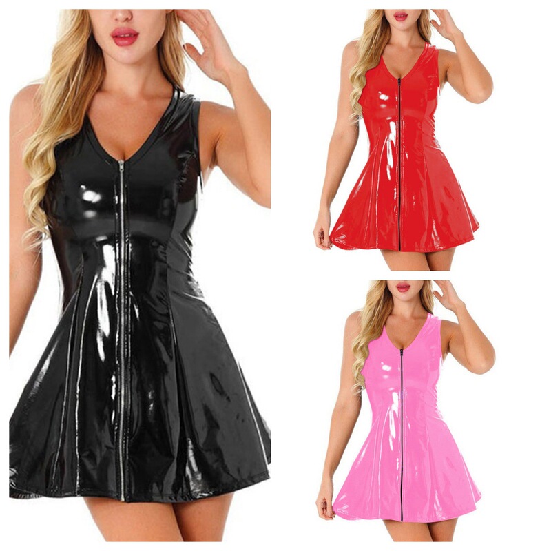 2025 European and American women's party dress European and American nightclub sexy bright PU zipper vest A- line skirt