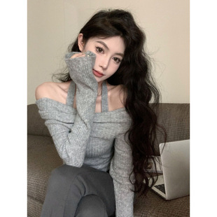 Pure Necessary Neck Knitted Shirt Women's 2025 Spring and Summer Shoulder Long Sleeve Base Shirt Spice Girls Shoulder Short Sweet and Hot Top