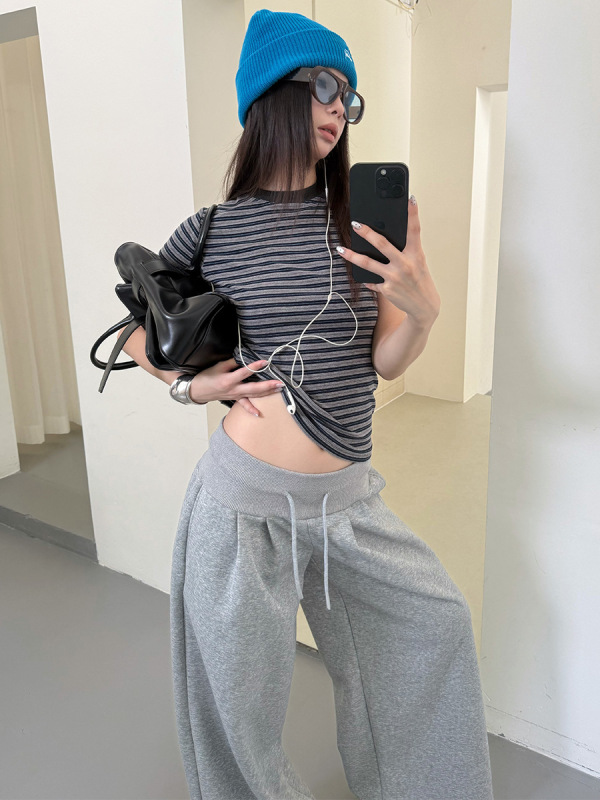 MMFISH时髦休闲撞色修身显瘦百搭美式落肩羊绒彩条百搭短袖25T537|undefined