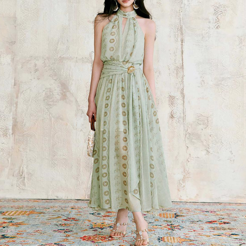 Qingyi Qingyan Qiaoqi Mint Print Halter Neck Hollow Lace Ribbon Draped Large Hem Dress Qingyi Qingyan Qiaoqi Mint Print Halter Neck Hollow Lace Ribbon Draped Large Hem Dress