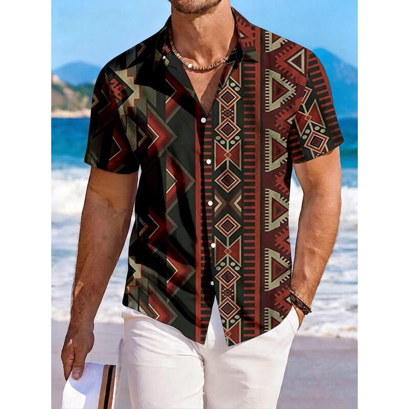 Men's short-sleeved shirt with a collar, geometric pattern, polyester fabric, breathable, suitable for casual wear and vacations Men's short-sleeved shirt with a collar, geometric pattern, polyester fabric, breathable, suitable for casual wear and vacations