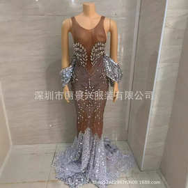 现货演出服舞台晚会宴会超闪亮片晚礼服气质性感奢华优雅修身显瘦