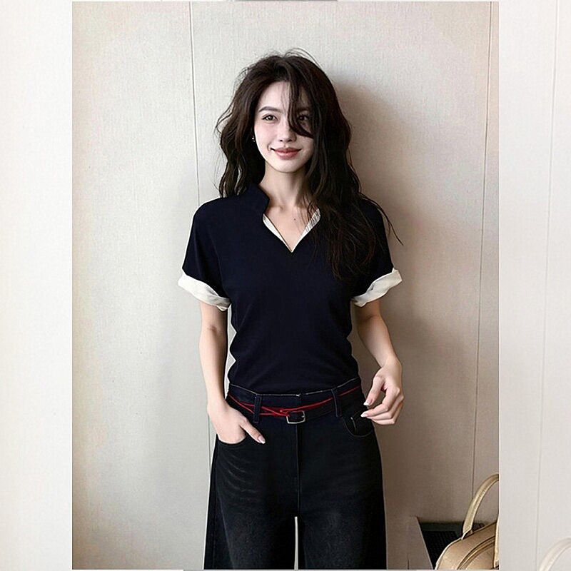 Black V-Neck Short-Sleeve T-Shirt for Women, Summer 2026 New Style, Korean-Style Beautiful Top for Summer Ootd Outfits