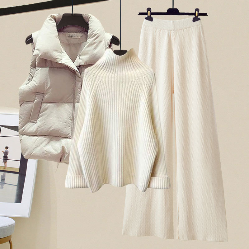 冬服、新しいスタイルの綿のベスト、タートルネックセーター、女性のスリムなワイドレッグパンツの3点セット|undefined