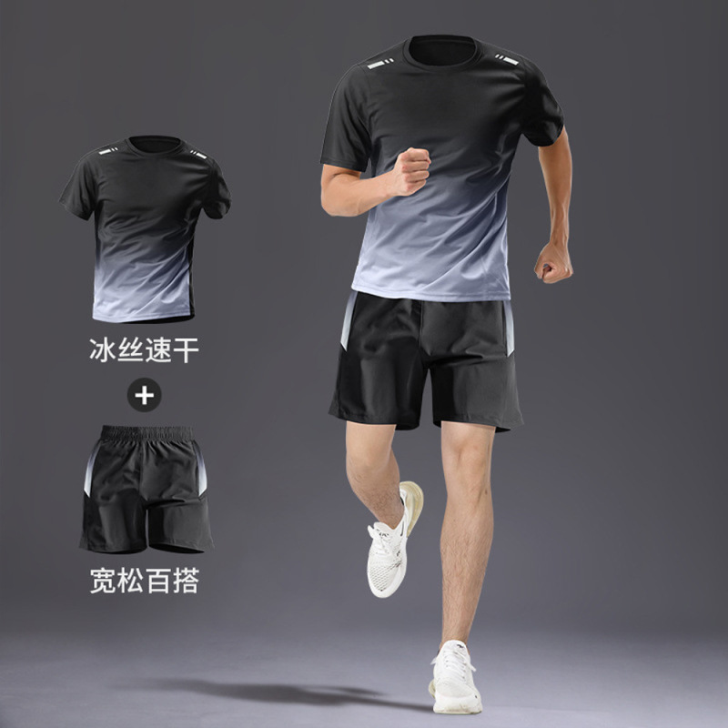 速乾性 Tシャツメンズスポーツスーツルーズアイスシルクランニングスーツカップル夏のアウトドアフィットネススーツ半袖スーツ|undefined