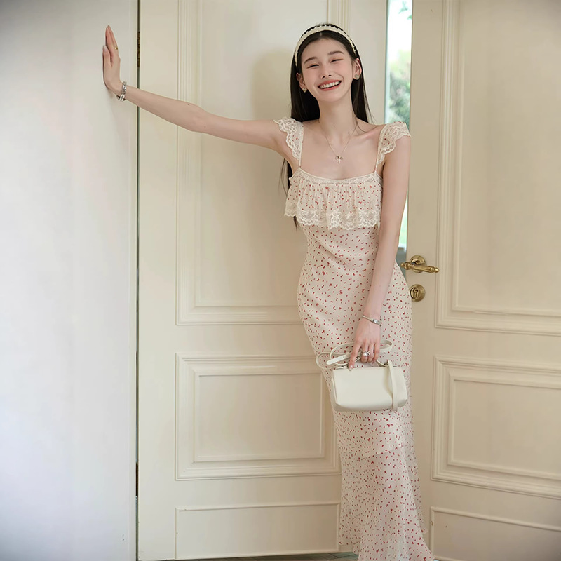 Lace Splicing Dark Blue Floral Suspender Dress for Women, Summer Resort Style Dress, Hot Girl Slim Fit Hip-Hugging Long Dress