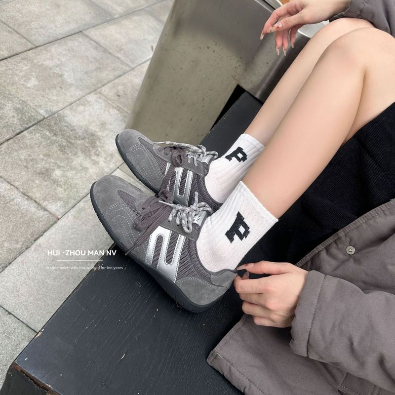 复古真皮休闲运动风方程式赛车鞋女2025新款百搭双鞋带网面德训鞋|undefined