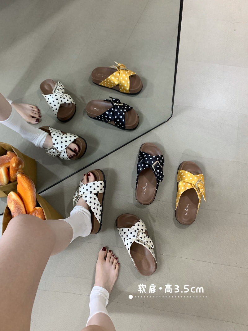Women's Slip-on Slippers With White Polka Dot Pattern For Summer_voghion.com