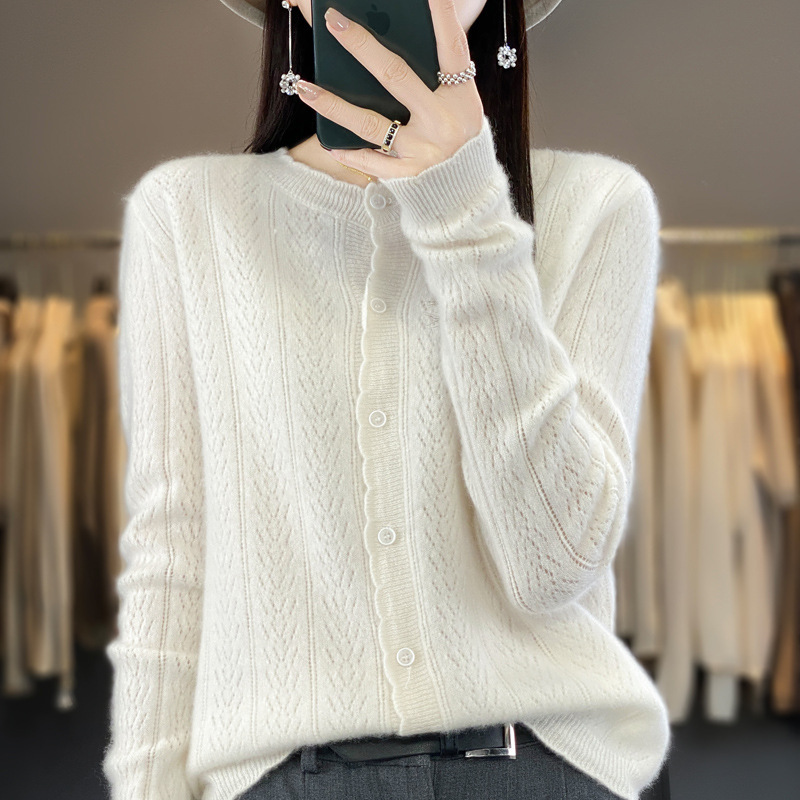 Round Neck 100 Wool Cut Out Knitted Cardigan for Women in Autumn and Winter New Loose and Chic Style Jacket Bottoming Sweater Top