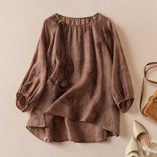 2980 Real Shot Floral Top Women's Artistic Retro Casual Elegant Age-reducing Cotton Linen Shirt Spring and Summer 2023 New