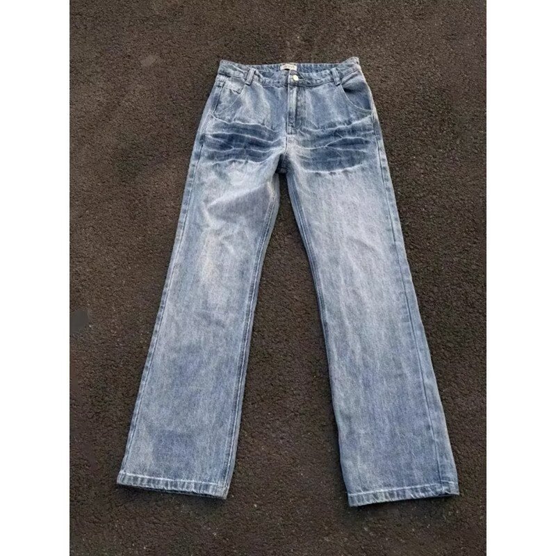 Men's Vintage Washed Blue Jeans with Lightning Bolt Pattern Midweight Straight Fit for Spring Autumn American Style Cool Edgy Streetwear_mkmklike.com