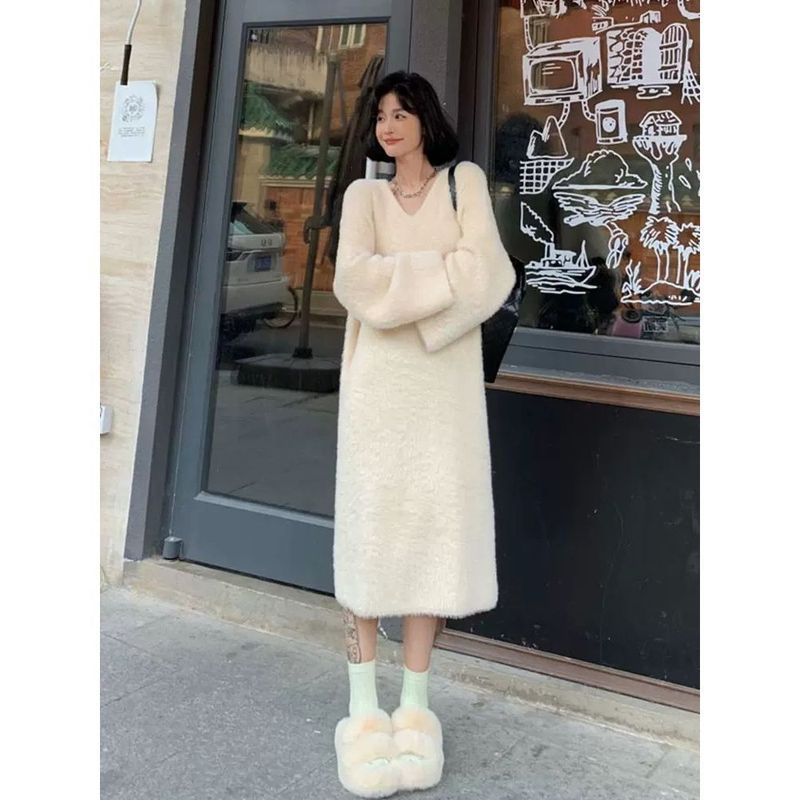 水貂绒毛衣裙女秋冬高级感气质显瘦御姐长款打底内搭针织连衣裙子|undefined
