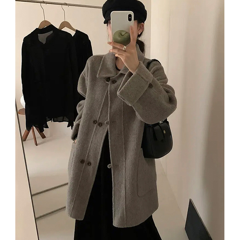 모직 양면 울 코트 여성용 2025 가을 신상 중간 길이 루즈핏 한국 스타일 소형 여성용 모직 코트