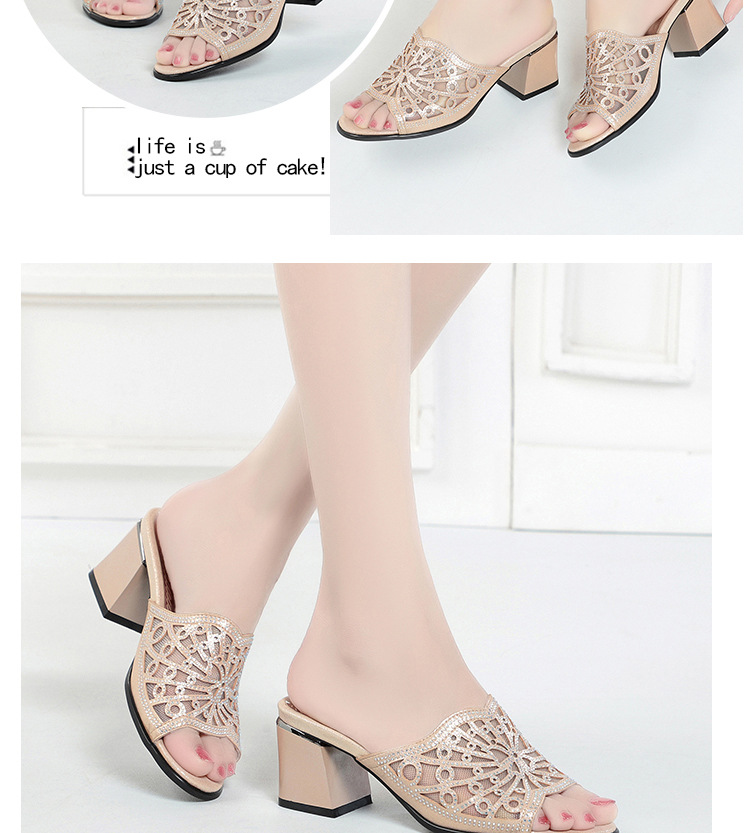 Dép sandal nữ gót vuông đính đá lấp lánh phong cách thời trang — Màu vàng chi tiết 11