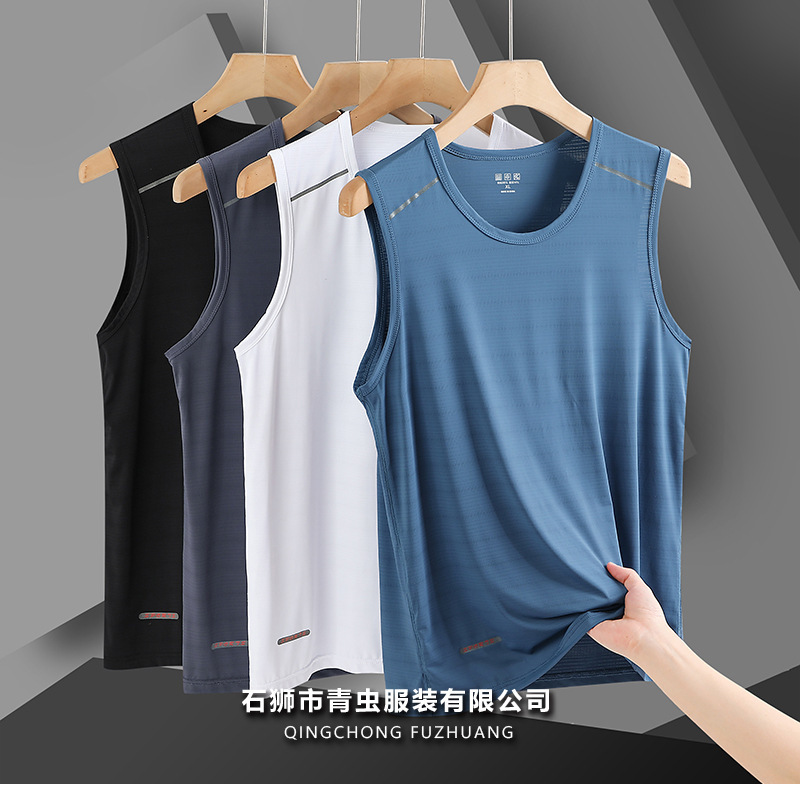 Summer Quick-Drying Breathable Sleeveless Sweat-Absorbent Training Fitness Clothing for Men Printed Elastic Large Size Round Neck Ice Silk Vest Quick-Drying