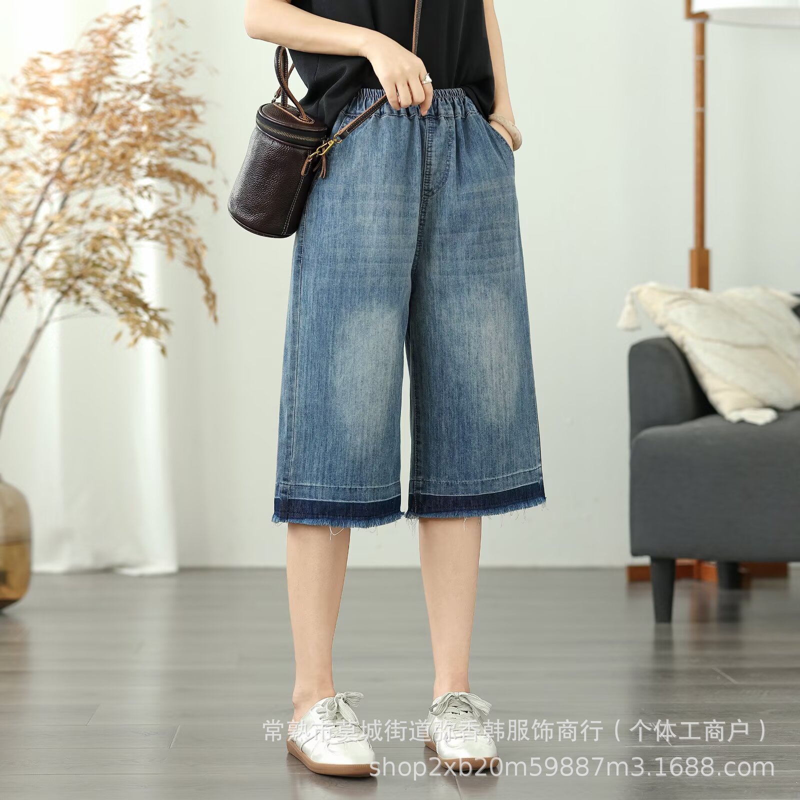 여름 여성용 컬러 블록 6부 데님 반바지 얇고 루즈하며 캐주얼하고 활용도가 높은 스트레이트 팬츠 트렌디한 와이드 팬츠