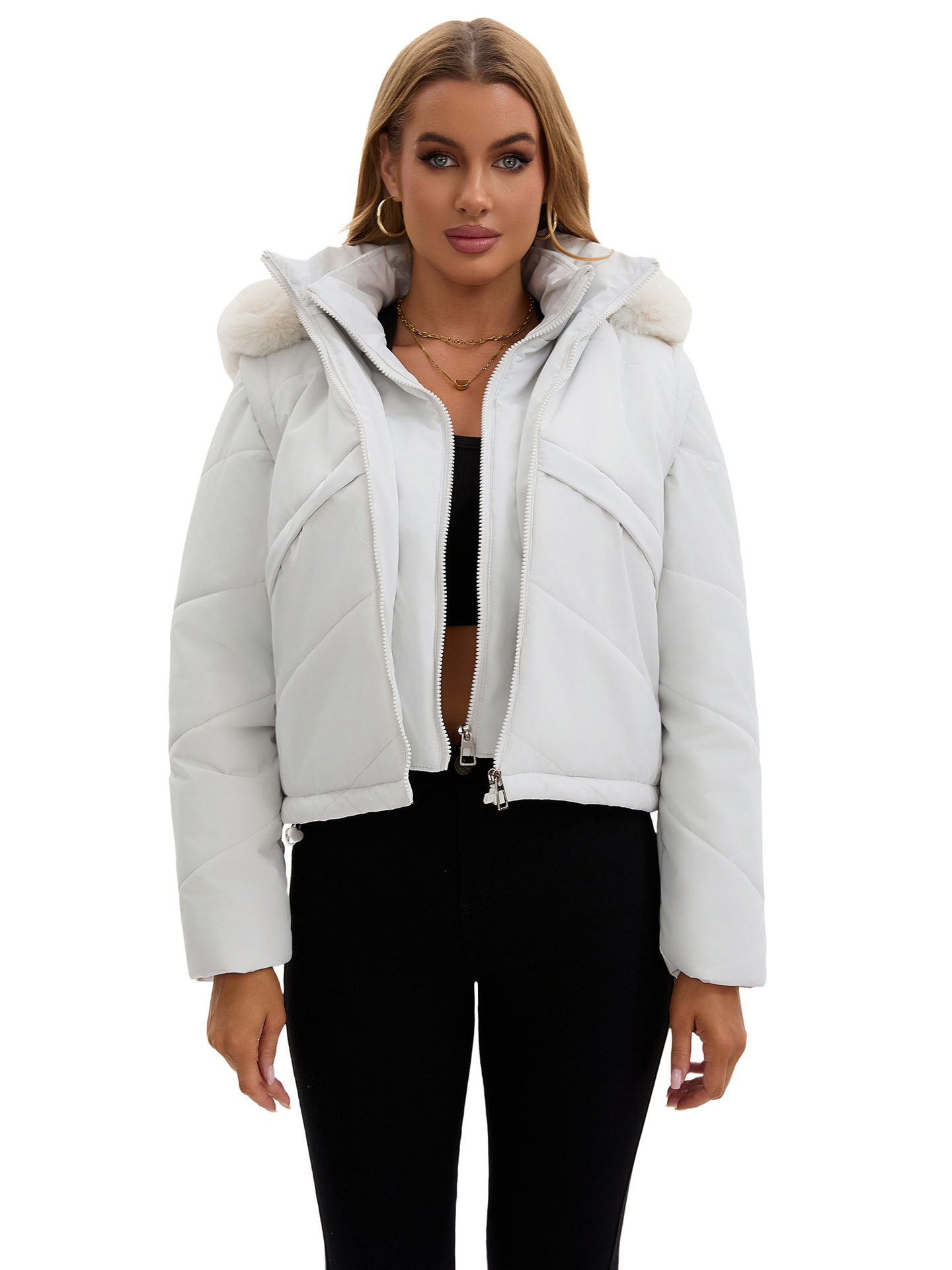 25 nueva moda falsa chaqueta acolchada de algodón de dos piezas chaleco de manga extraíble moda chaqueta acolchada corta de otoño e invierno chaqueta cálida con capucha