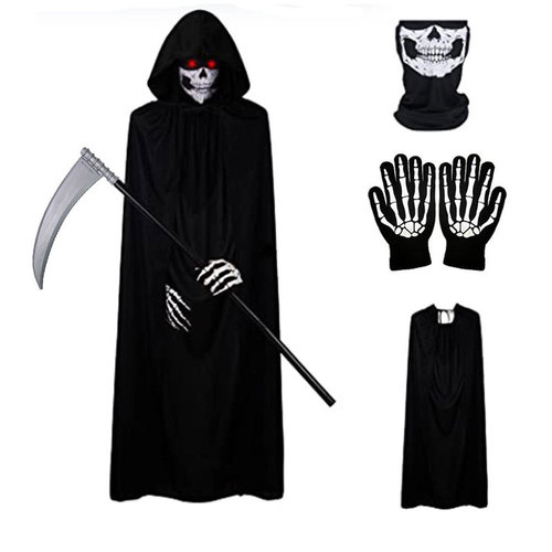 Halloween Costume Death Angel Cape Scythe Adult Black Cloak Devil Hat Party Witch Cape Set