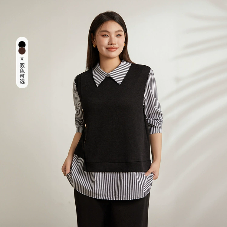 Полнометелое 2024 осеннее платье новый большой размер женский толстый мм минус возраст полосатый сшивание поддельные две рубашки с отворотом