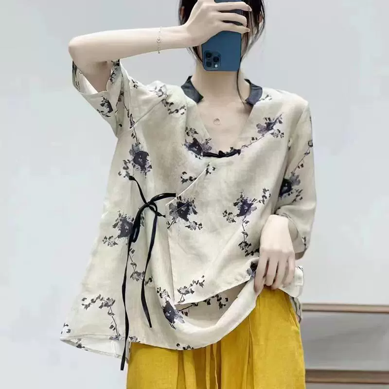 Образец женской одежды первой линии внешней торговли, летняя рубашка на пуговицах в стиле ретро, ​​литературная рубашка из рами, чайный костюм, улучшенная династия Хань