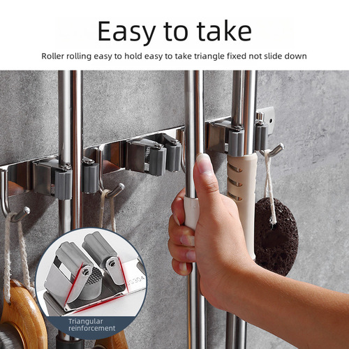 304 stainless steel push-in freestanding broom holder without drilling storage handle rack wall-mounted broom and dustpan clamp broom storage rack wholesale