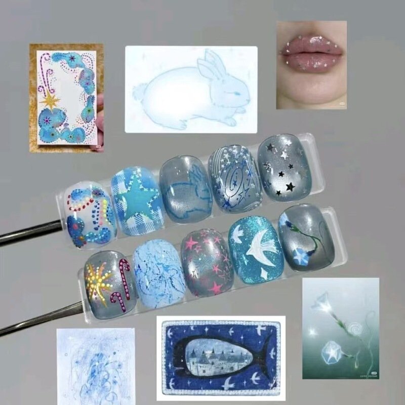 Y2K Millennium Blue Star Ocean Style Wearable Nails, European Niche Cat Eye Bead Beauty Fake Nail Stickers, Cross-Border Wholesale