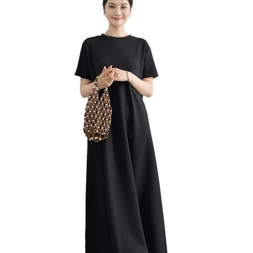 Summer and Spring Japanese Plus Size Thin Short-Sleeve Long Dress Loose Round Neck A-Line Skirt Women Solid Color Knee-Length Outer Dress