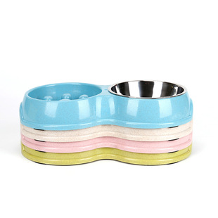 Manufacturers supply dog bowl wheat straw slow food anti-choking stainless steel double bowl pet food cat food bowl