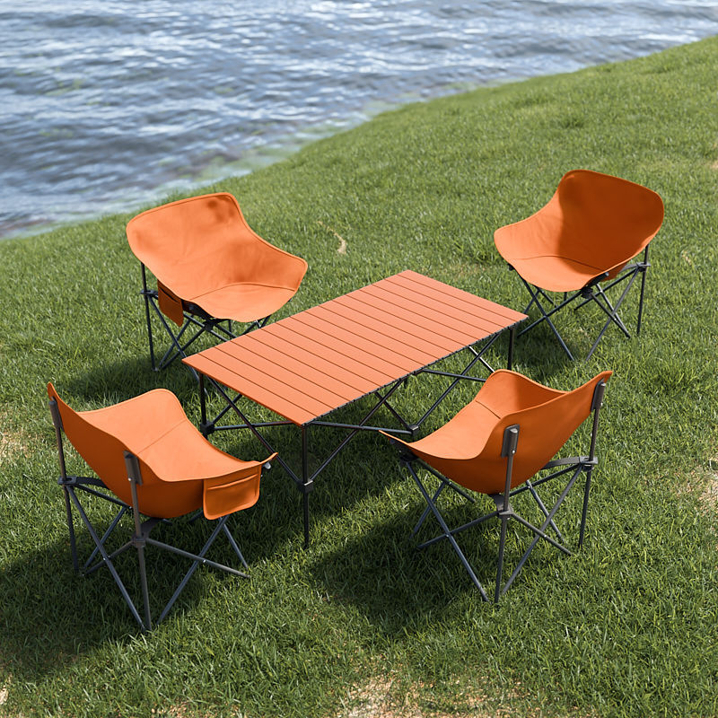 2025 업그레이드 강화모델 + 휴대용 수납벨트 - 오렌지 [95*55*50cm 긴 테이블] + 오렌지 의자 4개