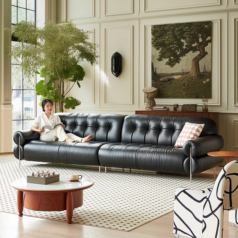 French retro style tall cloud sofa living room Italian style top grain leather sofa straight black sugar sofa