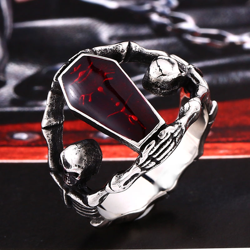 Iron Warrior Jewelry Wholesale Alternative Vampire Diaries Ring Men's Titanium Steel Drop Glue Skull Coffin Ring