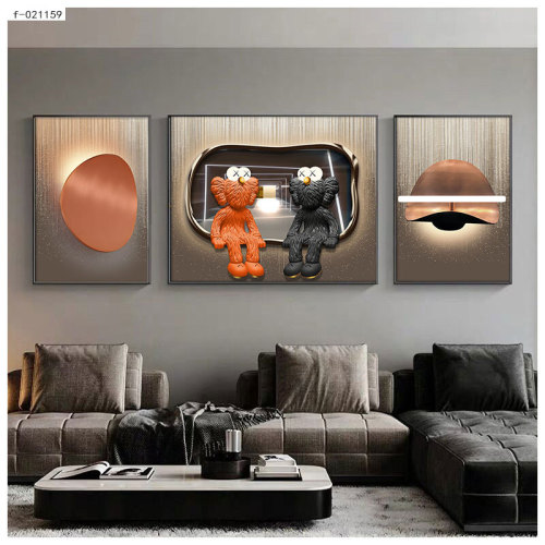 Light luxury violent bear living room decoration painting sofa background wall hanging painting cartoon triptych diamond-encrusted modern crystal porcelain mural