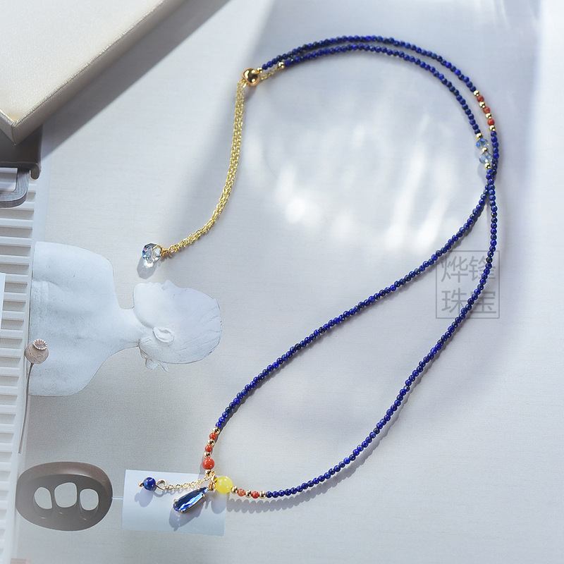 Natural Lapis Lazuli 2mm Very Fine Three-Circle Bracelet for Women Afghan Lapis Lazuli Scattered Beads South Red Clavicle Chain Bracelet