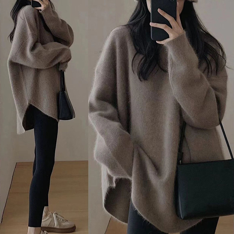 Solid Color Sweater Women's Autumn and Winter New Korean Style Loose Lazy Style Round Neck Pullover Inner Fashion Knitted Base Shirt Trendy