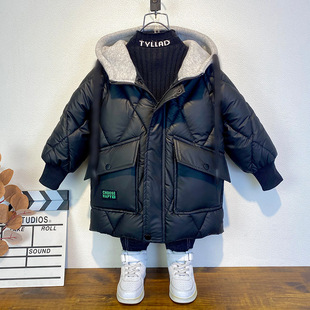 2025 New Winter Clothing, Boys' Cotton-Padded Clothes, Boys' Medium-Length Cotton-Padded Jackets, Medium-Sized Children's Fashionable and Cold-Proof Thickeneded Cotton-Padded Clothes