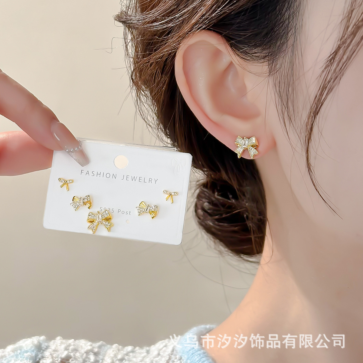 S925银针蝴蝶结女小巧精致锆石夏季时尚高级感耳饰耳钉耳环女