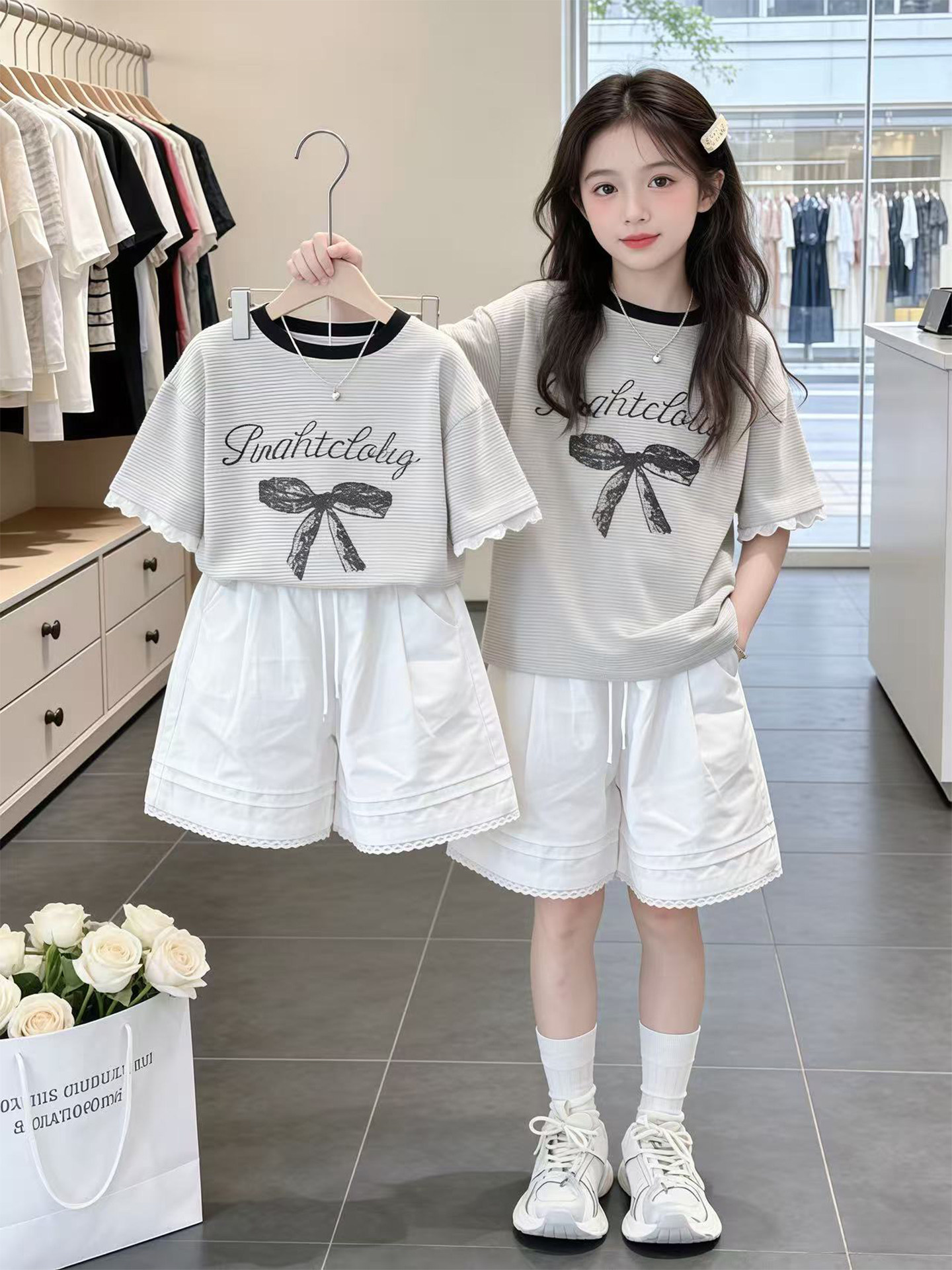 Girls' Summer Striped Lace-Trimmed T-Shirt and Shorts Two-Piece S