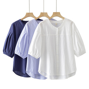 2025 Summer Large Size Pure Cotton Shirt Half-Sleeved Women's Small V Neck Cotton Shirt Versatile Fashionable Five-Quarter Short-Sleeved Shirt 2507