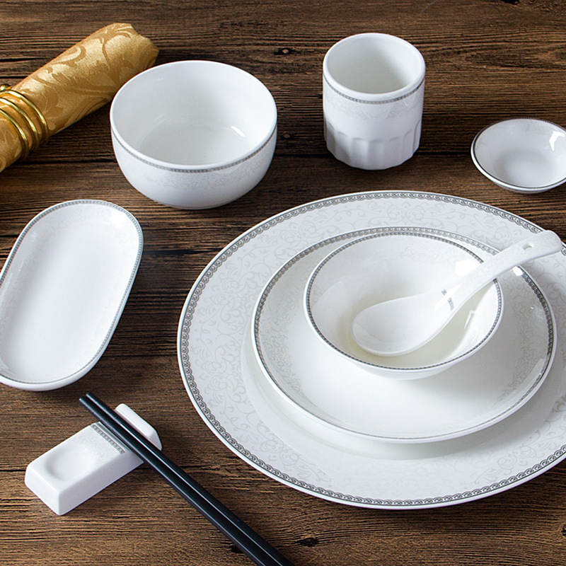 White Gold Pattern Hotel Tableware Set Supplies Restaurant Tableware Table Setting Bowls and Plates Spoon Private Room Tableware Three-Piece Set