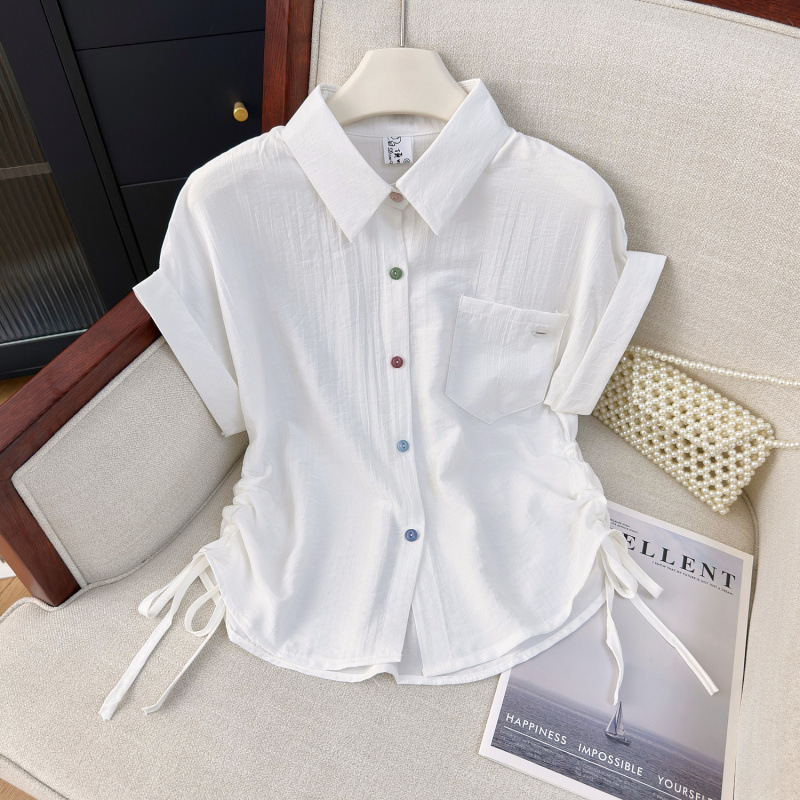 Casual Casual Versatile Stripesd Short-Sleeved Shirt for Women Summer New Design Side Strap Color Button Shirt A4699