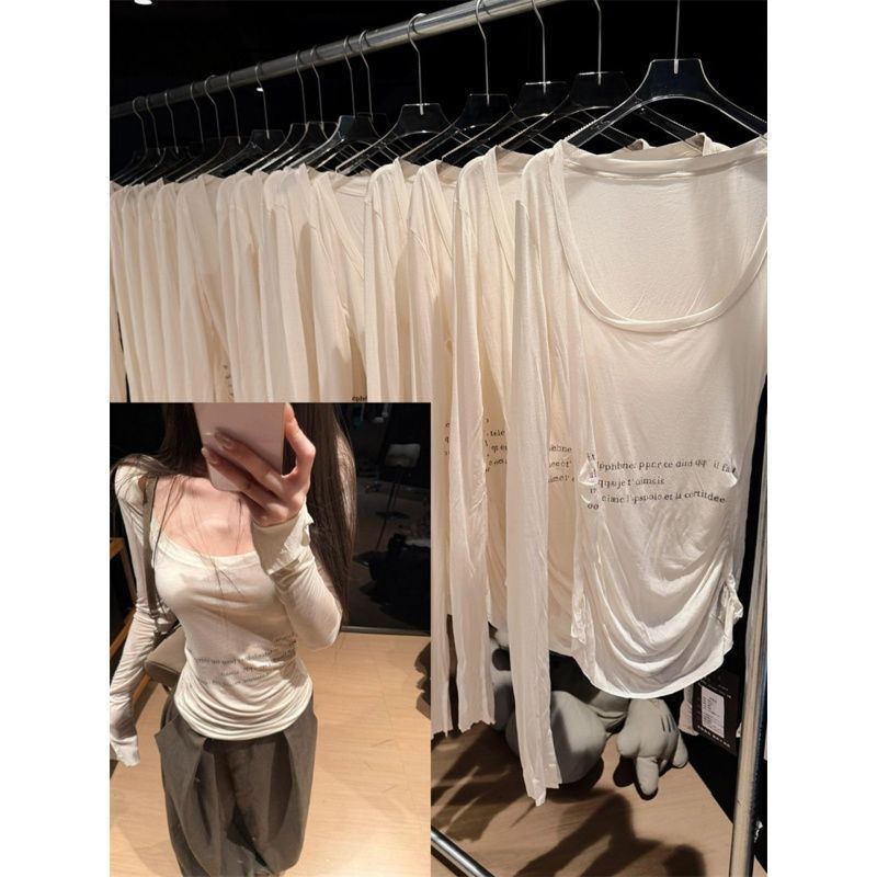 Trendy Sheer Letter-Print U-Neck Long-Sleeve T-Shirt for Women, Spring/Summer Design, Niche Loose Fit Versatile Top Trendy Sheer Letter-Print U-Neck Long-Sleeve T-Shirt for Women, Spring/Summer Design, Niche Loose Fit Versatile Top