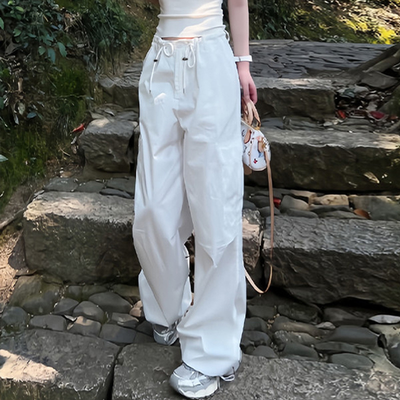 American-Style White Work Pants for Women, Spring Simple Style Straight Wide-Leg Pants, Petite Outdoor Quick-Dry Hiking Sports Pants