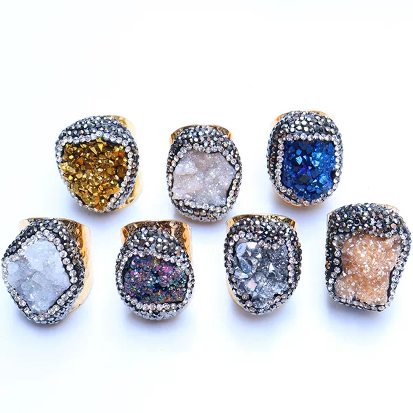 Natural crystal Bud original stone crystal cluster ring irregular micro inlaid women's opening A electroplated bohemian ring
