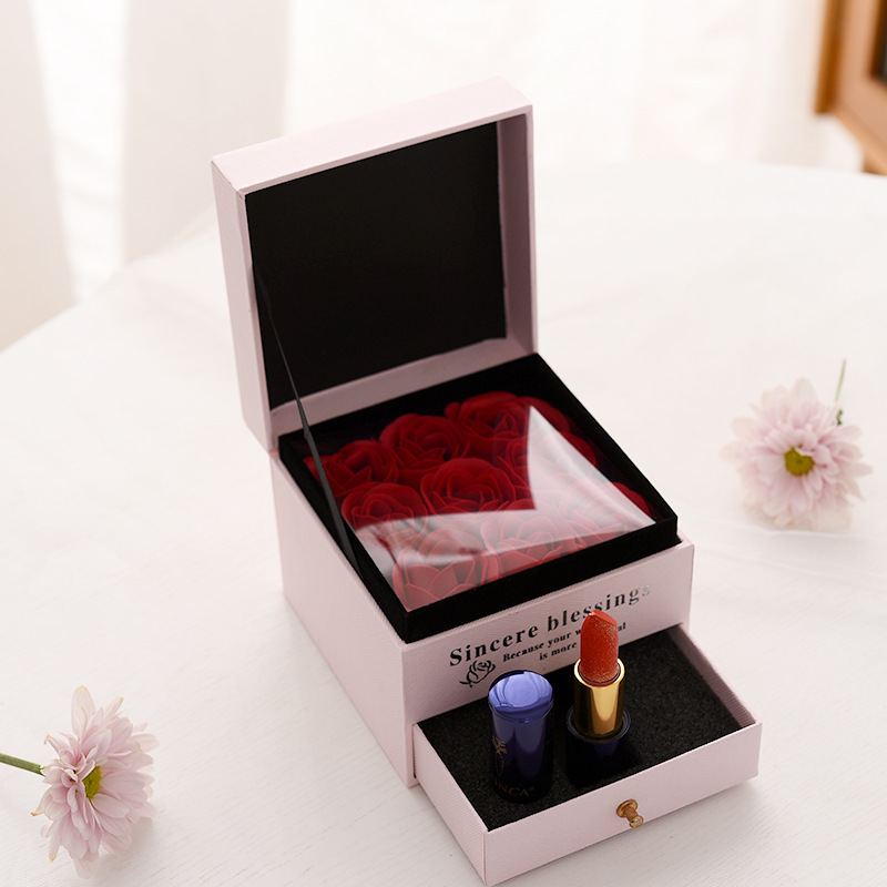 七夕木质双层抽屉口红礼盒玫瑰花项链首饰收纳包装盒化妆品礼物盒