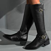 欧美外贸大码高筒中跟骑士靴女跨境新款侧拉链皮带扣机车靴亚马逊